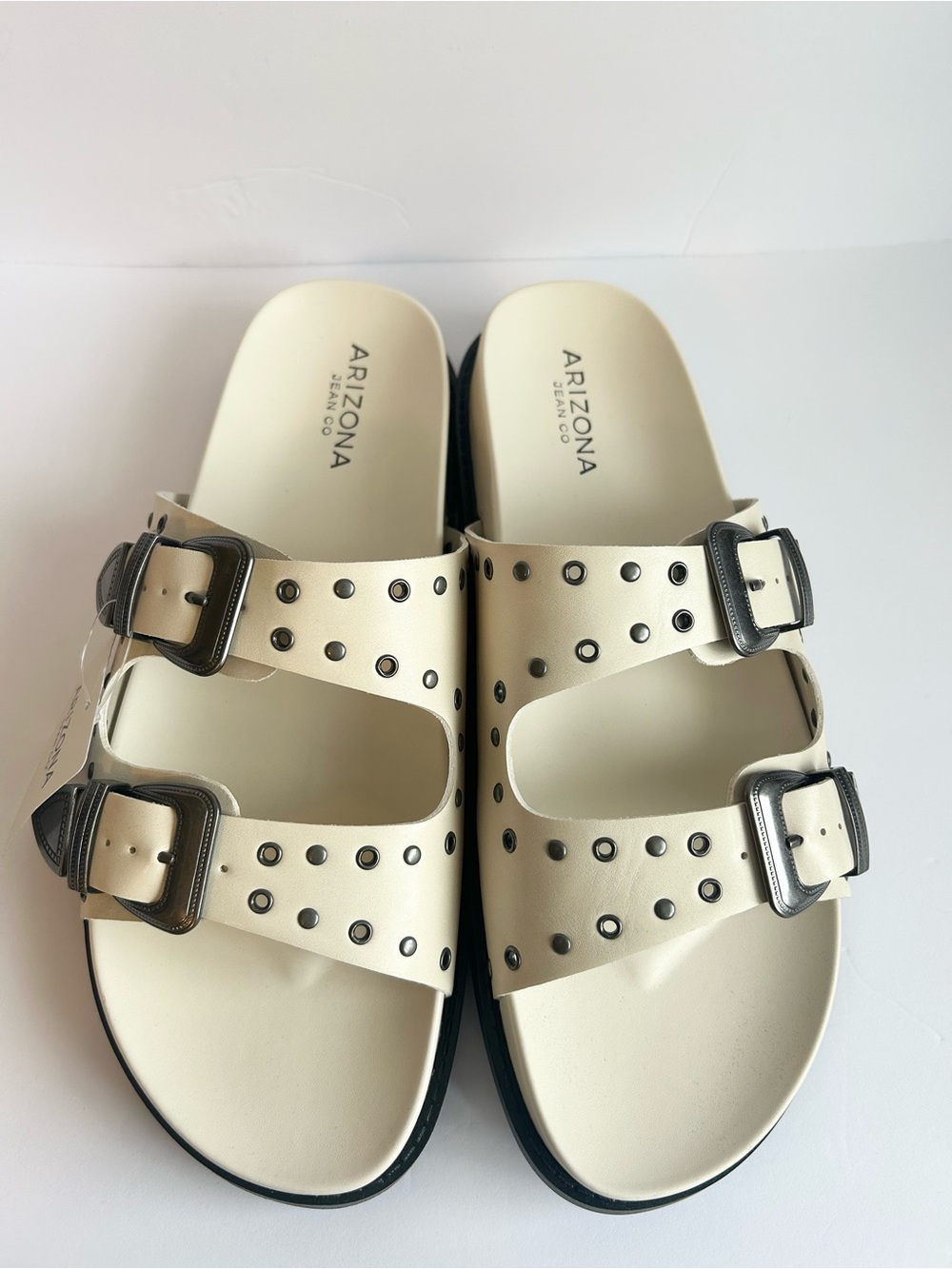 Arizona Jean Company Cream Slide Sandals with Gunmetal Studs & Buckles - Picture 4 of 8